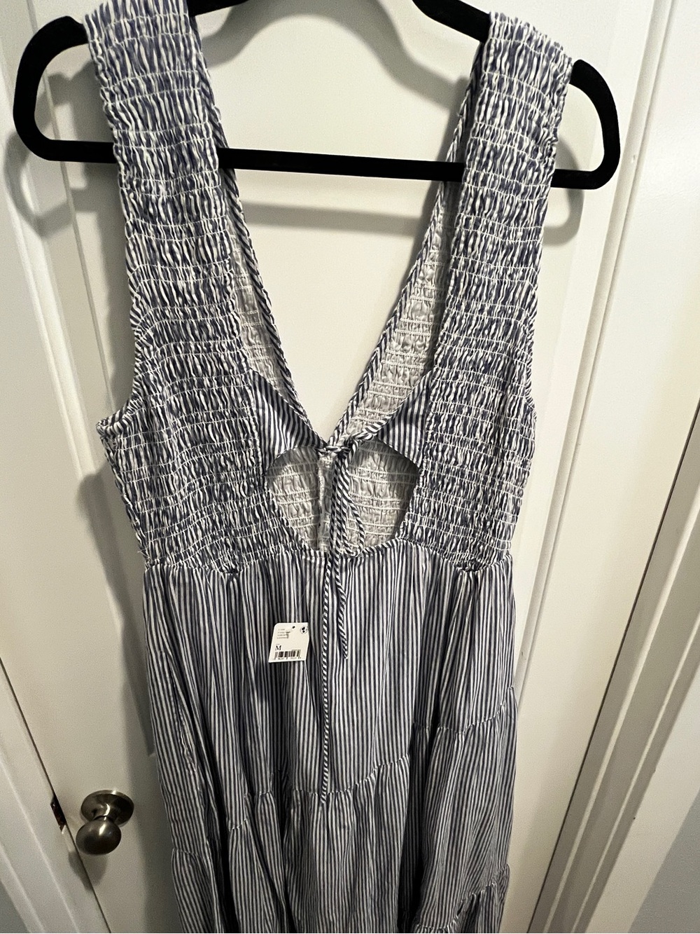 NWT Free People Juno Maxi Dress M Blue Ivory Stripe Smocked Cotton Pockets - Picture 5 of 10